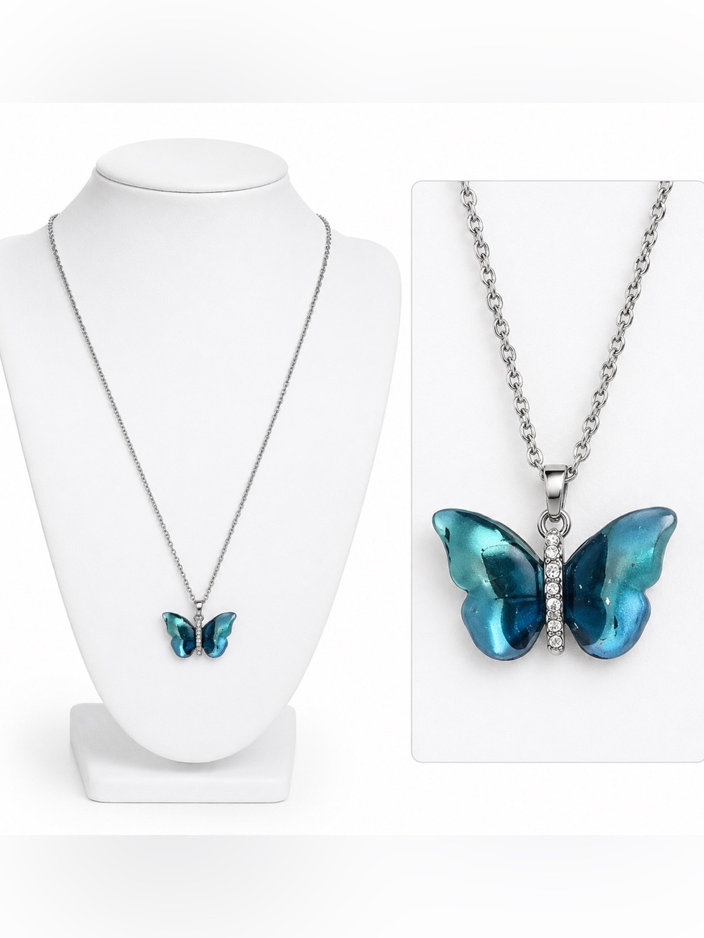 Blue Winged Butterfly Pendant Necklace